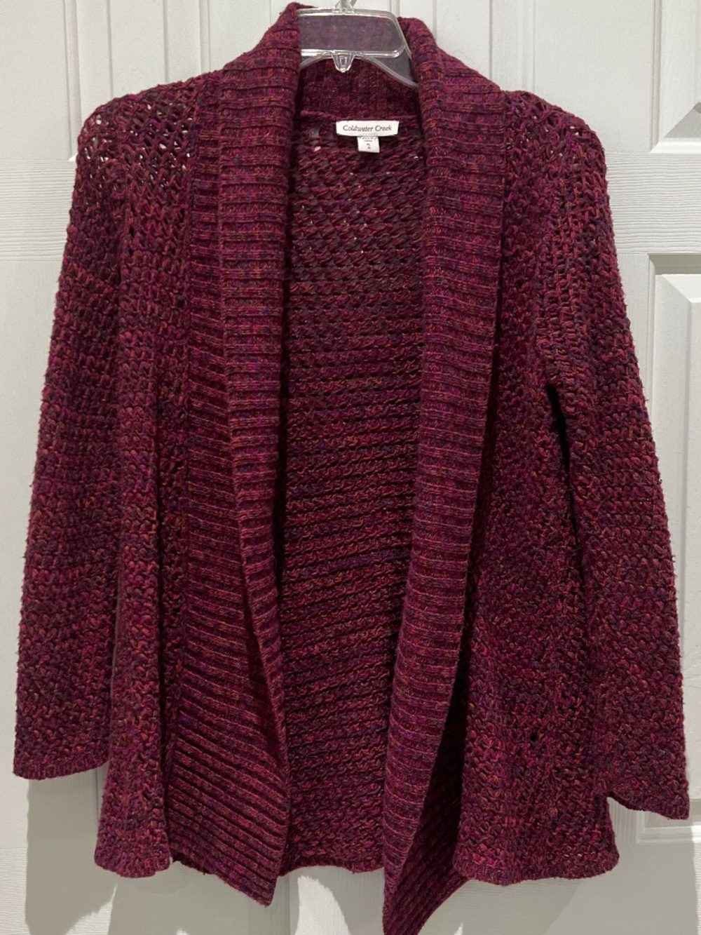 Coldwater Creek Burgundy Crochet Open Cardigan Wool Blend Sz XL